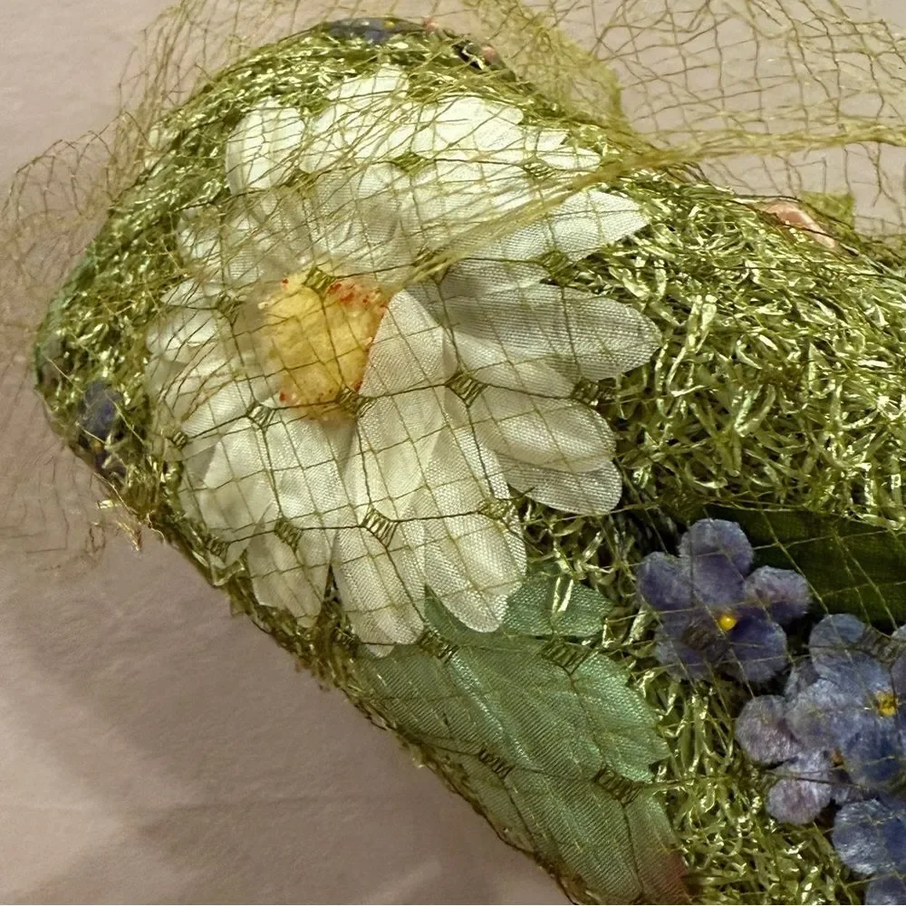 Vintage Rare Hutzler’s Pillbox Floral Tulle Net Fascinator Hat Green White Pink - Picture 14 of 15